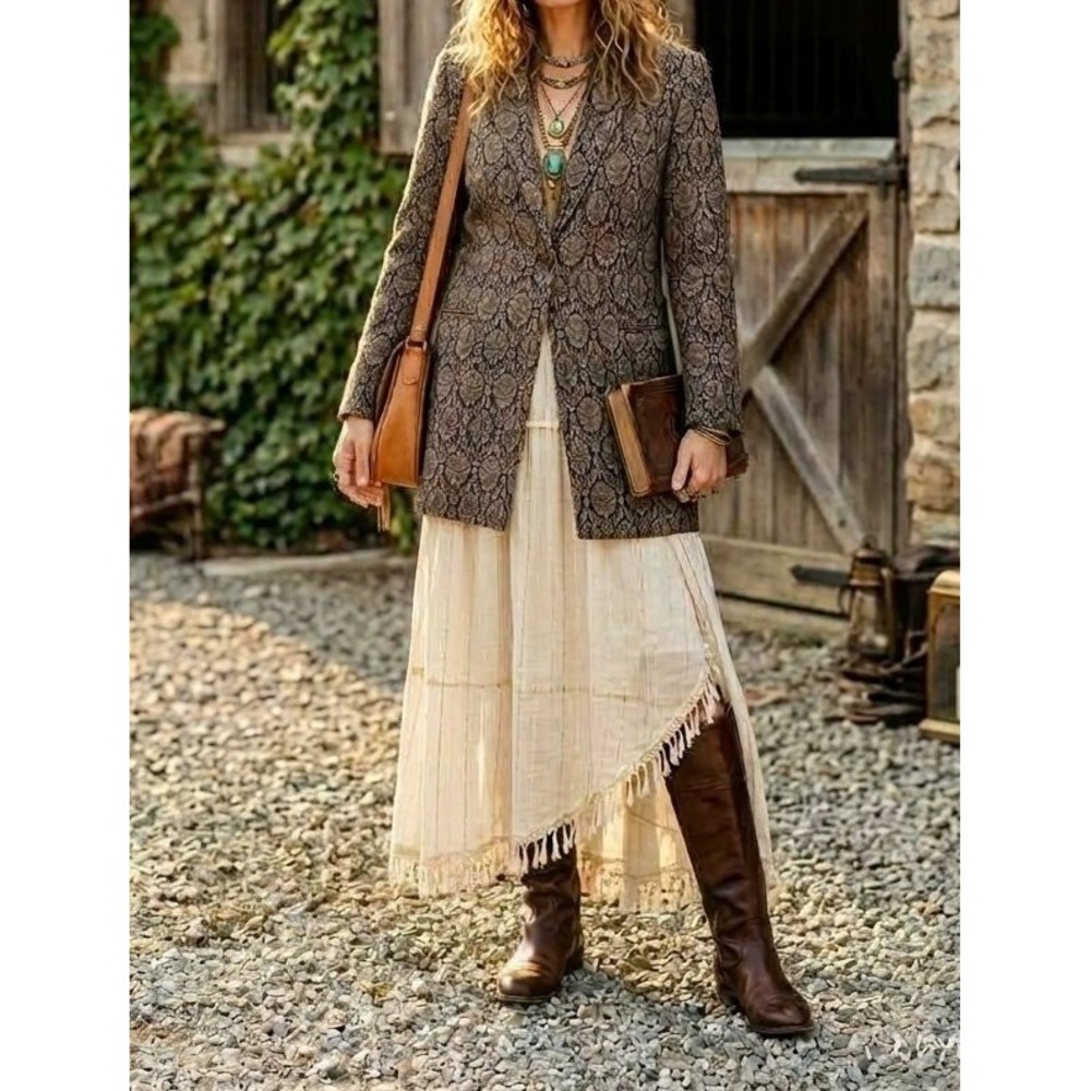 90s Vintage Dialogue Made in Hong Kong Brown Tan Brocade Long Blazer Size 16